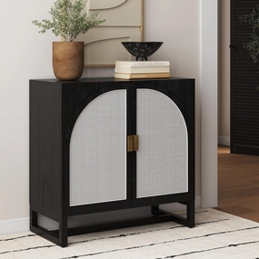Nathan James Paxton Boho Wood Storage Cabinet with Doors, Small Storage Cabinet for Living Room or Kitchen with Rattan Door Details, Black Oak