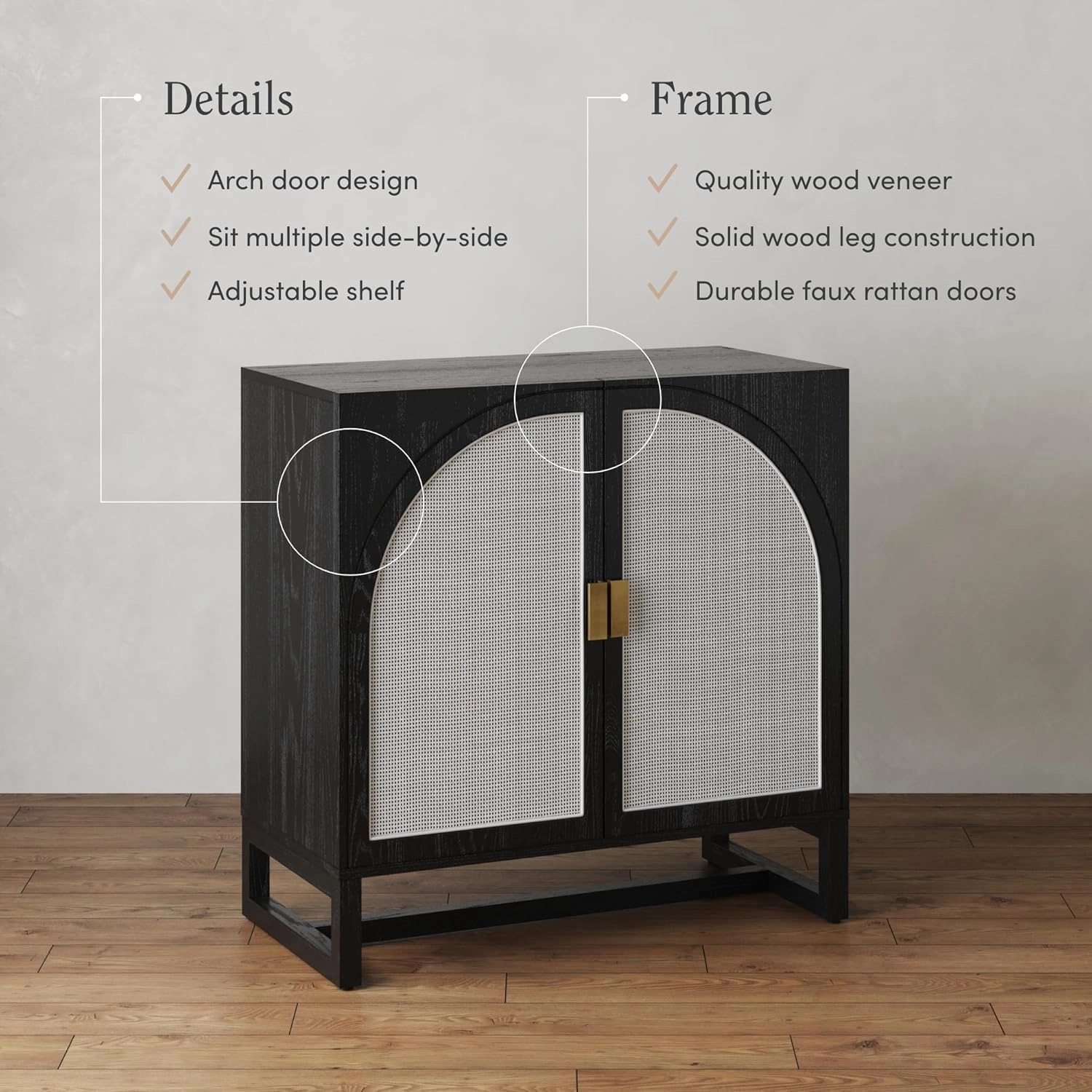 Nathan James Paxton Boho Wood Storage Cabinet with Doors, Small Storage Cabinet for Living Room or Kitchen with Rattan Door Details, Black Oak