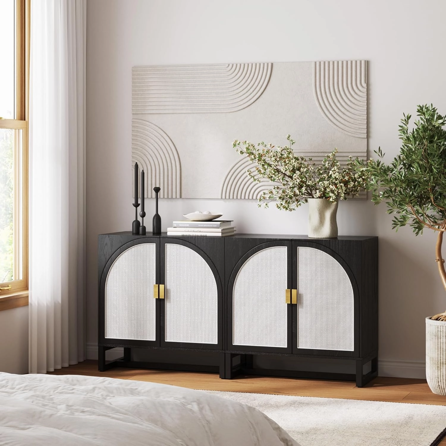 Nathan James Paxton Boho Wood Storage Cabinet with Doors, Small Storage Cabinet for Living Room or Kitchen with Rattan Door Details, Black Oak