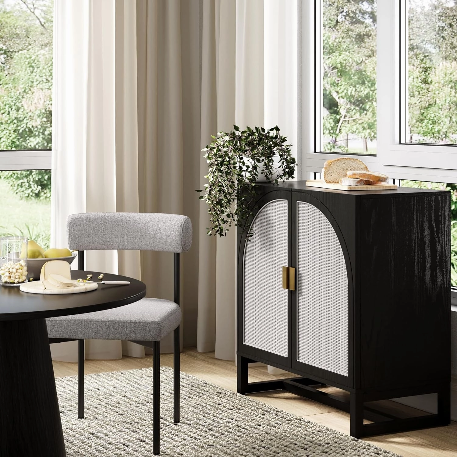Nathan James Paxton Boho Wood Storage Cabinet with Doors, Small Storage Cabinet for Living Room or Kitchen with Rattan Door Details, Black Oak