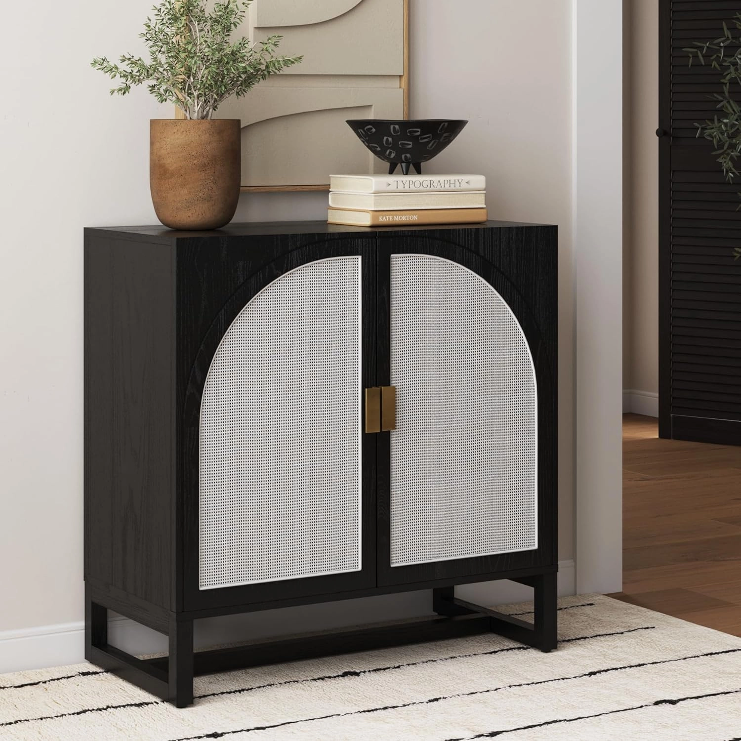 Nathan James Paxton Boho Wood Storage Cabinet with Doors, Small Storage Cabinet for Living Room or Kitchen with Rattan Door Details, Black Oak