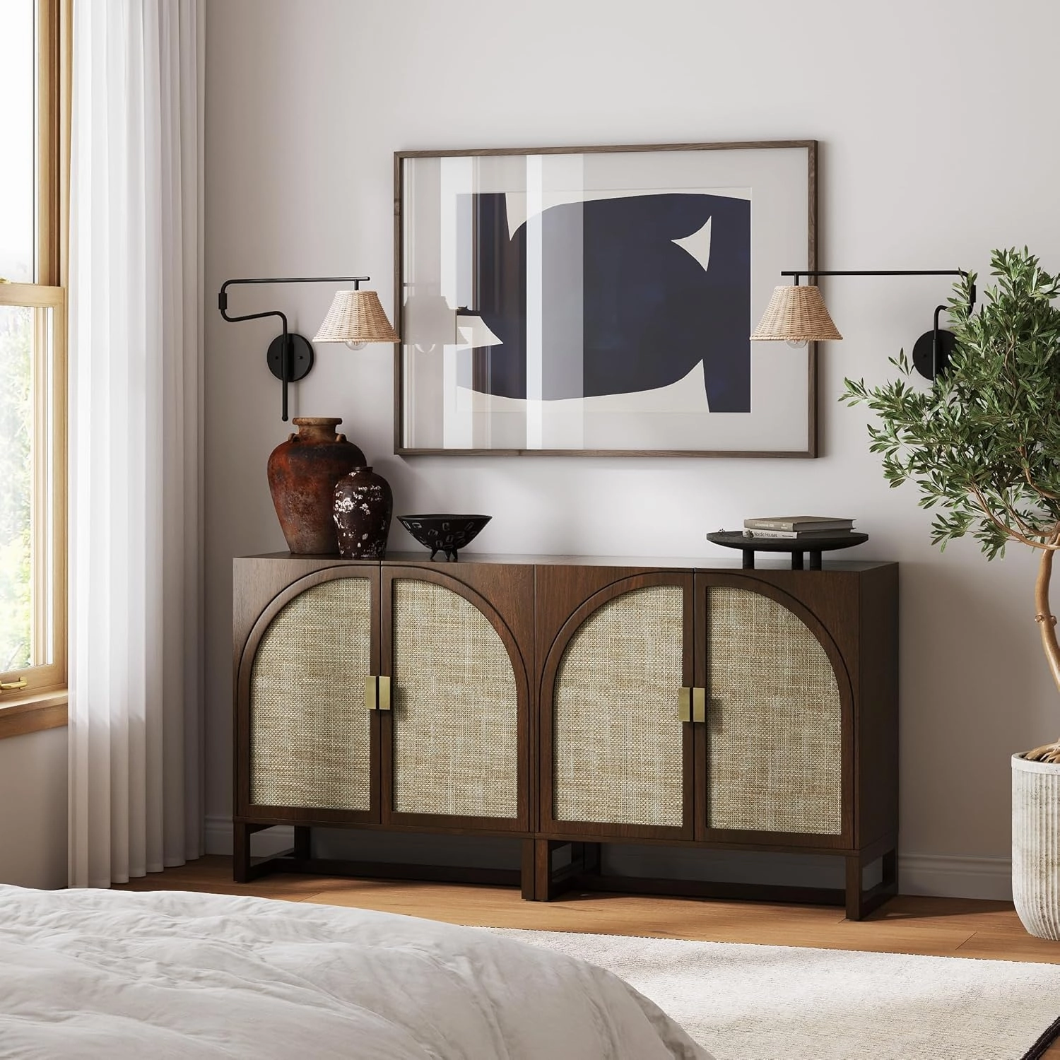 Nathan James Paxton Boho Wood Storage Cabinet with Doors, Small Storage Cabinet for Living Room or Kitchen with Rattan Door Details, Dark Walnut