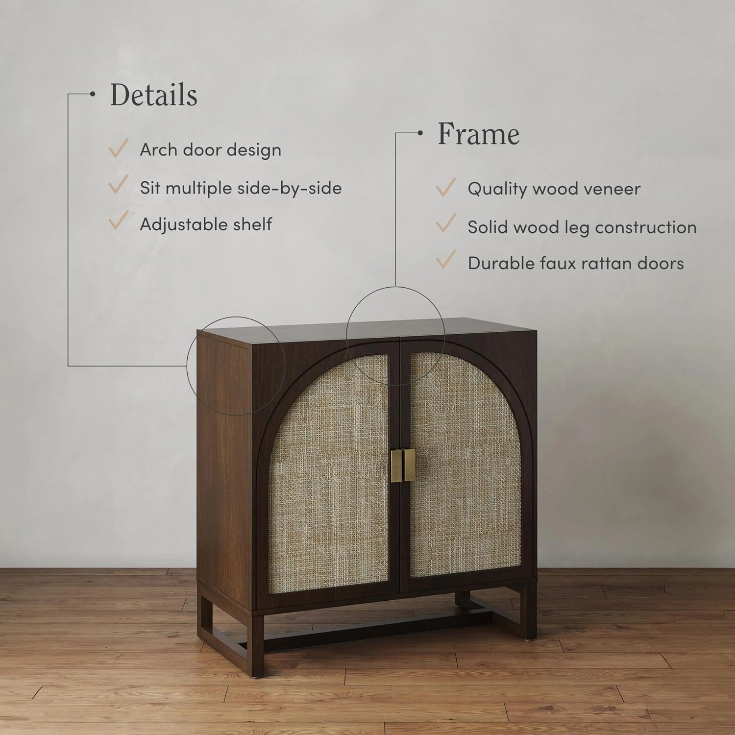 Nathan James Paxton Boho Wood Storage Cabinet with Doors, Small Storage Cabinet for Living Room or Kitchen with Rattan Door Details, Dark Walnut