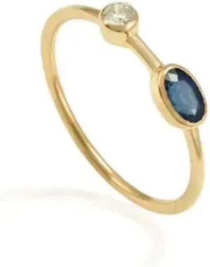 Natural 5x3.5 mm Blue Sapphire with Diamond Two Stone Ring for Women in14k Solid Yellow Gold | September Birthstone | Mother's Day Gift for Her Birthday, Anniversary, Wedding, Engagement