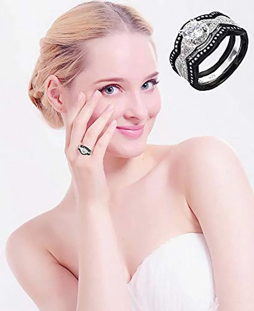Natural 925 Sterling Silver Wedding Brides Engagement 3 pc set Black White Diamonique AAA CZ Adult LadiesWomens Rings 3.60 ct size 4-11.5