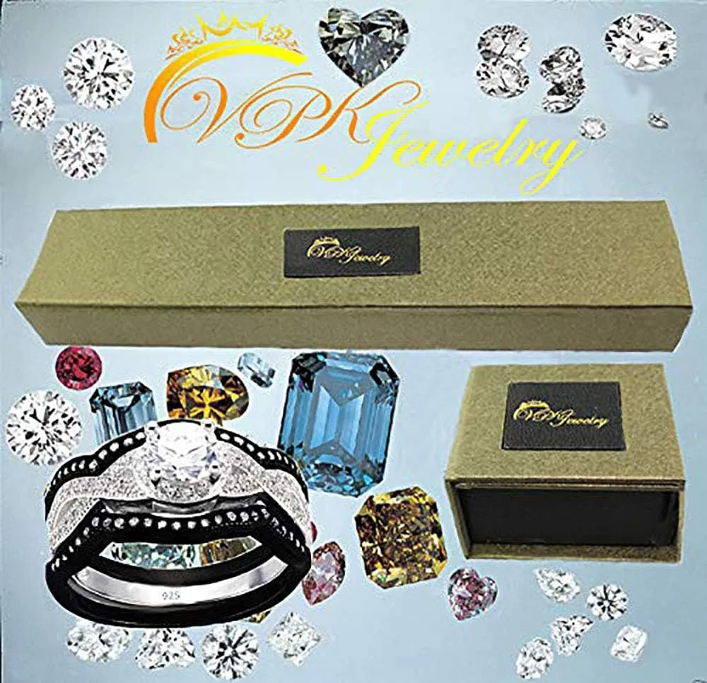 Natural 925 Sterling Silver Wedding Brides Engagement 3 pc set Black White Diamonique AAA CZ Adult LadiesWomens Rings 3.60 ct size 4-11.5