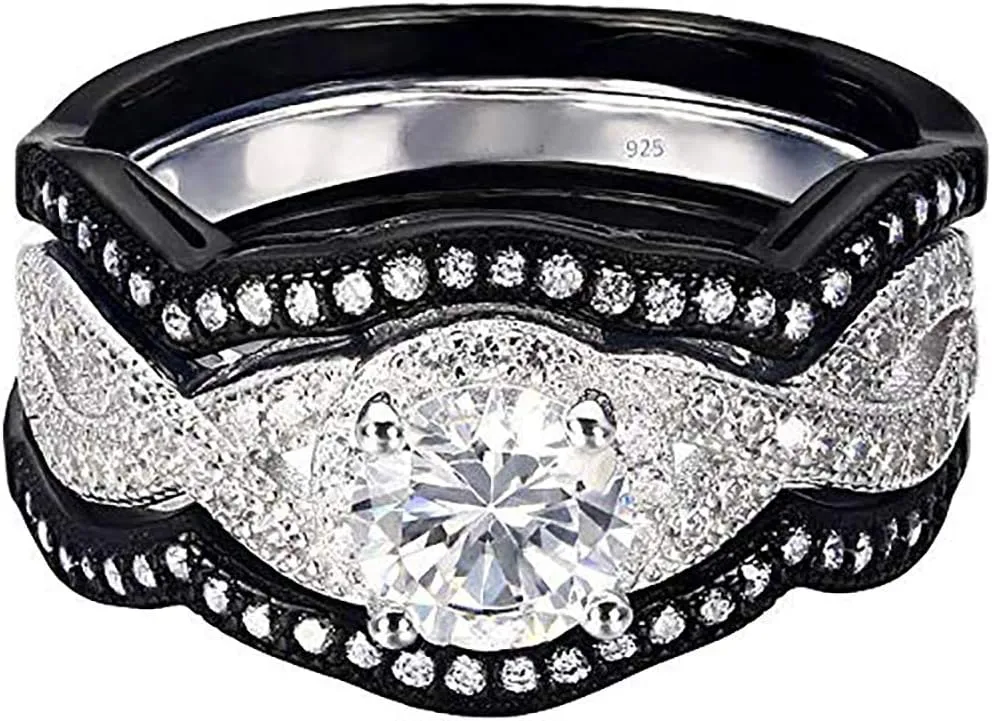 Natural 925 Sterling Silver Wedding Brides Engagement 3 pc set Black White Diamonique AAA CZ Adult LadiesWomens Rings 3.60 ct size 4-11.5