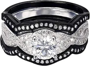 Natural 925 Sterling Silver Wedding Brides Engagement 3 pc set Black White Diamonique AAA CZ Adult LadiesWomens Rings 3.60 ct size 4-11.5