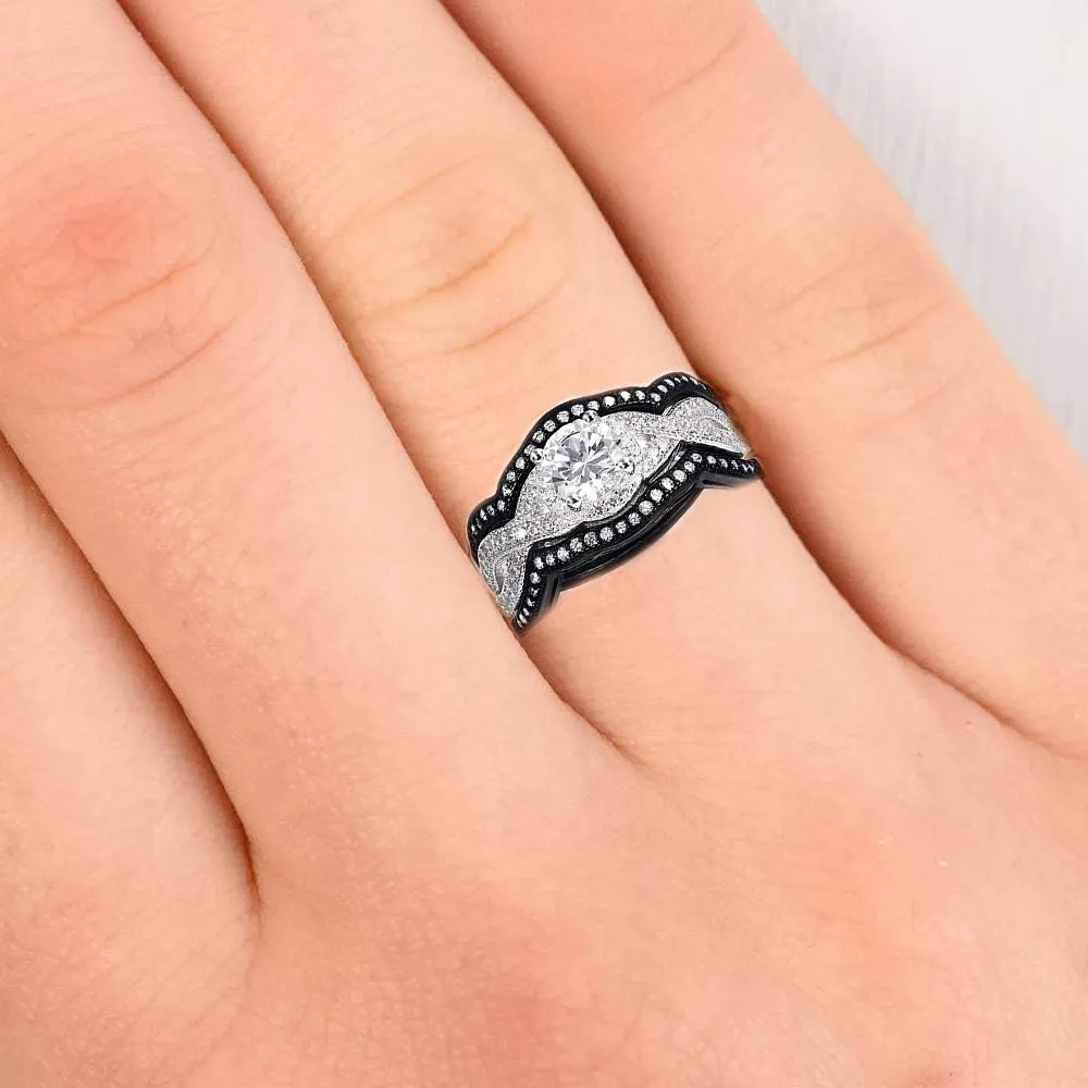 Natural 925 Sterling Silver Wedding Brides Engagement 3 pc set Black White Diamonique AAA CZ Adult LadiesWomens Rings 3.60 ct size 4-11.5