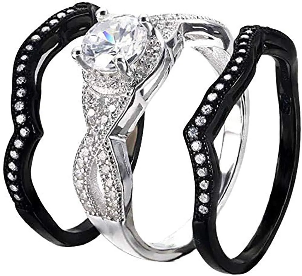 Natural 925 Sterling Silver Wedding Brides Engagement 3 pc set Black White Diamonique AAA CZ Adult LadiesWomens Rings 3.60 ct size 4-11.5