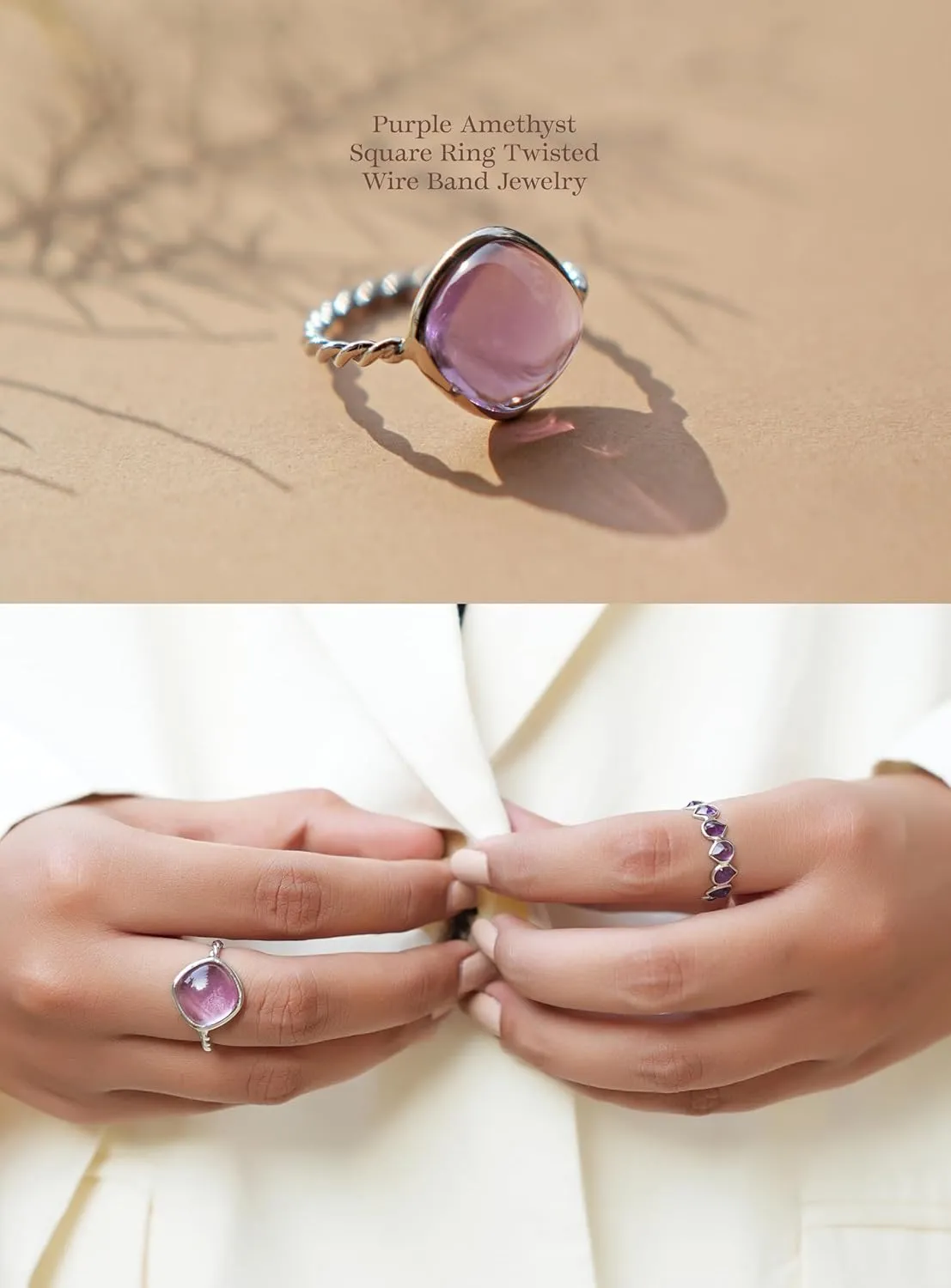 Natural Amethyst Ring for Women Purple Gemstone Twisted Cable Wire Ring Amethyst Jewelry Gift for Women