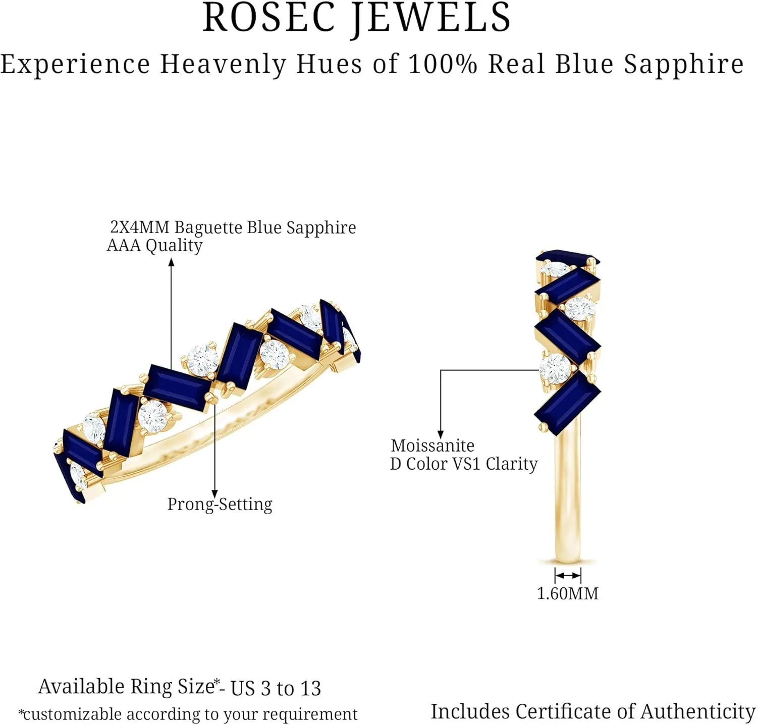 Natural Baguette Shape Blue Sapphire Eternity Ring, AAA Quality, Sapphire Moissanite Wedding Band - With Jewelry Box
