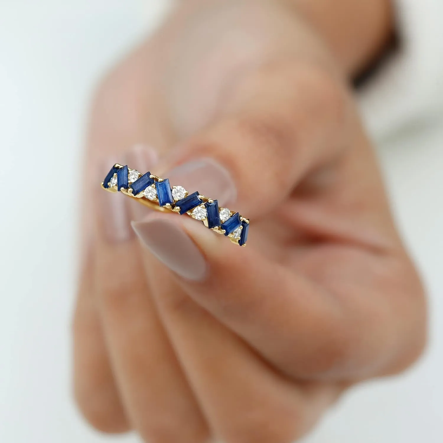Natural Baguette Shape Blue Sapphire Eternity Ring, AAA Quality, Sapphire Moissanite Wedding Band - With Jewelry Box