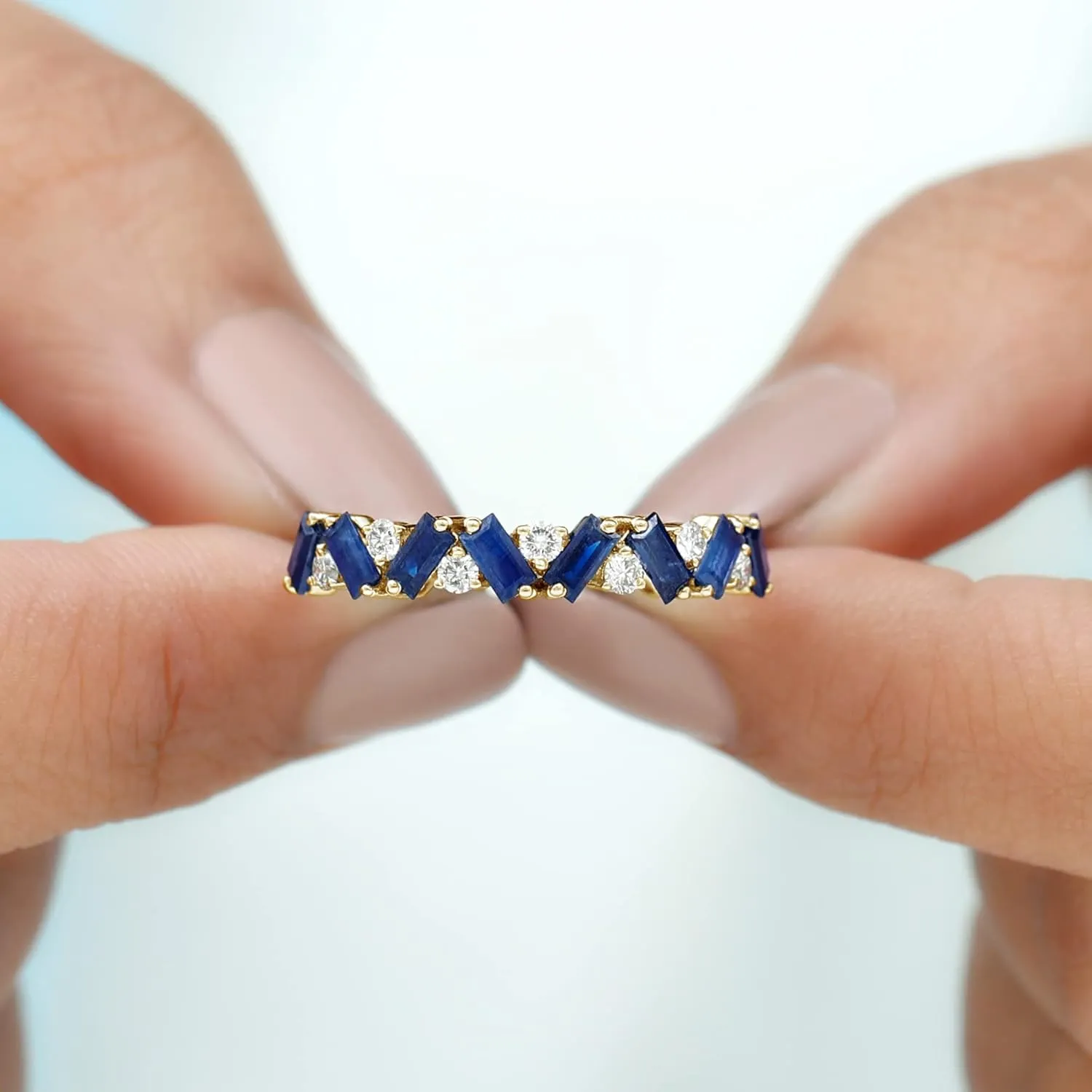 Natural Baguette Shape Blue Sapphire Eternity Ring, AAA Quality, Sapphire Moissanite Wedding Band - With Jewelry Box