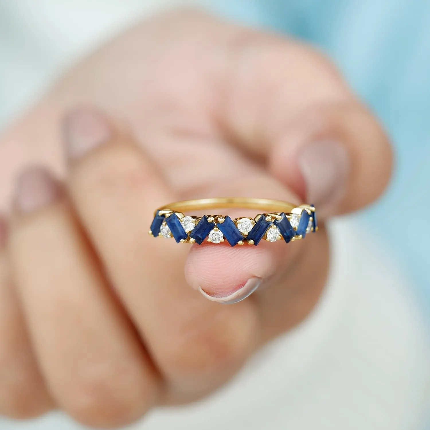 Natural Baguette Shape Blue Sapphire Eternity Ring, AAA Quality, Sapphire Moissanite Wedding Band - With Jewelry Box