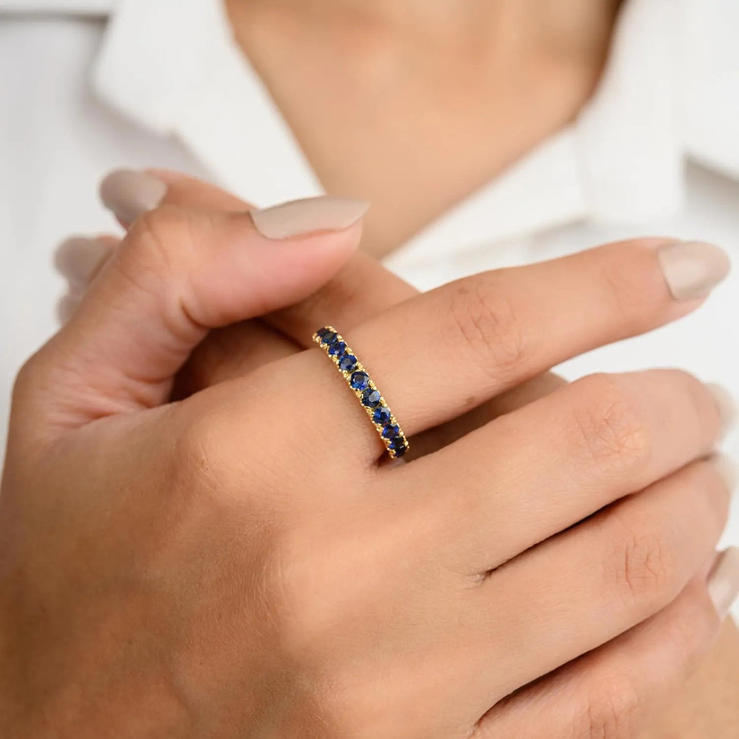 Natural Blue Sapphire Eternity Ring for Women in 14K Yellow Gold, September Birthstone Jewellery Gift for Her, Birthday, Engagement, Wedding, Anniversary