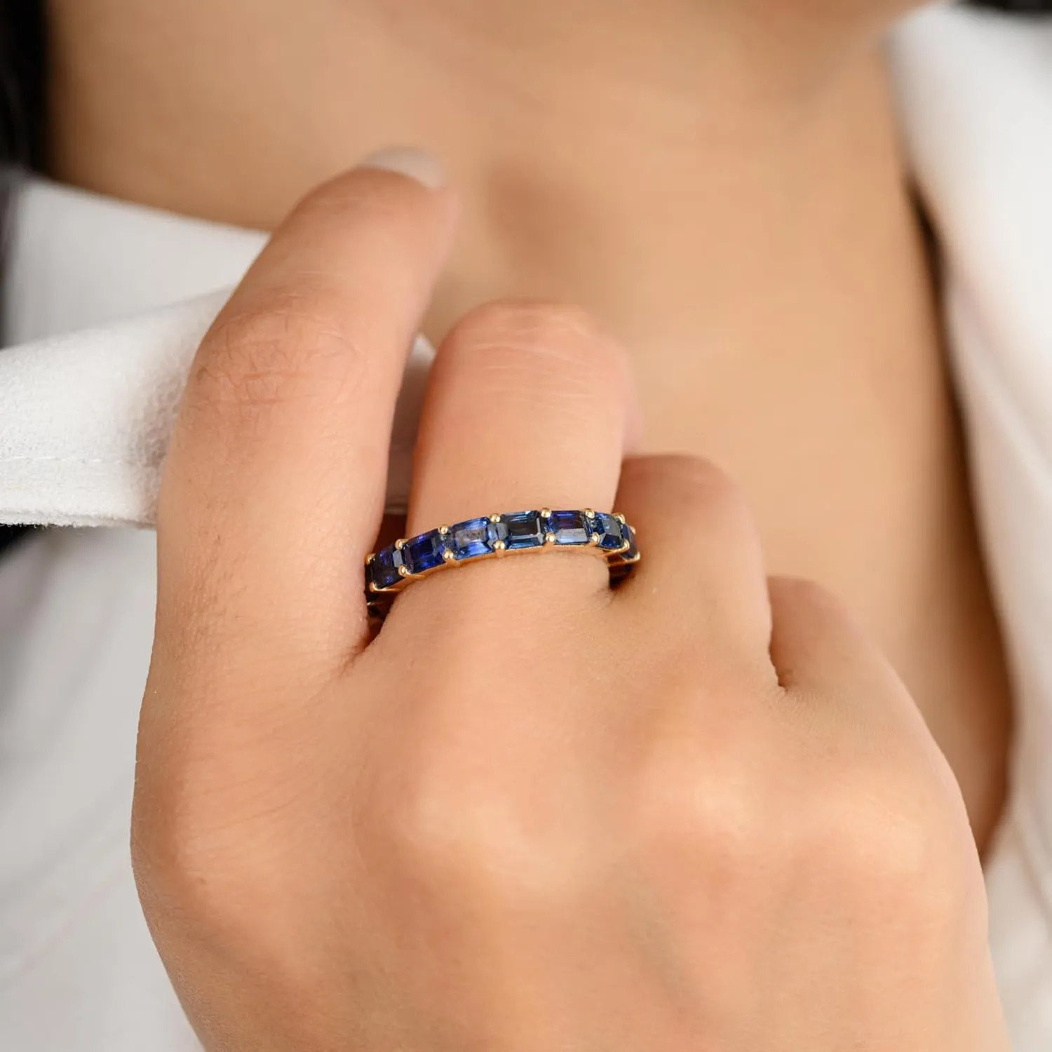 Natural Blue Sapphire Eternity Ring for Women in 18K White Gold, September Birthstone Jewellery Gift for Her, Birthday, Engagement, Wedding, Anniversary
