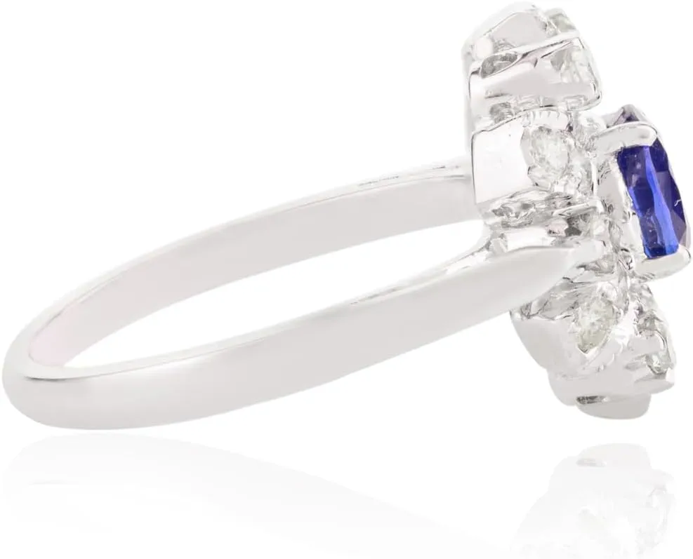 Natural Blue Sapphire With Diamond Statement Ring- 14k Solid White Gold Wedding Engagement Ring For Women- Stackable Ring Gift