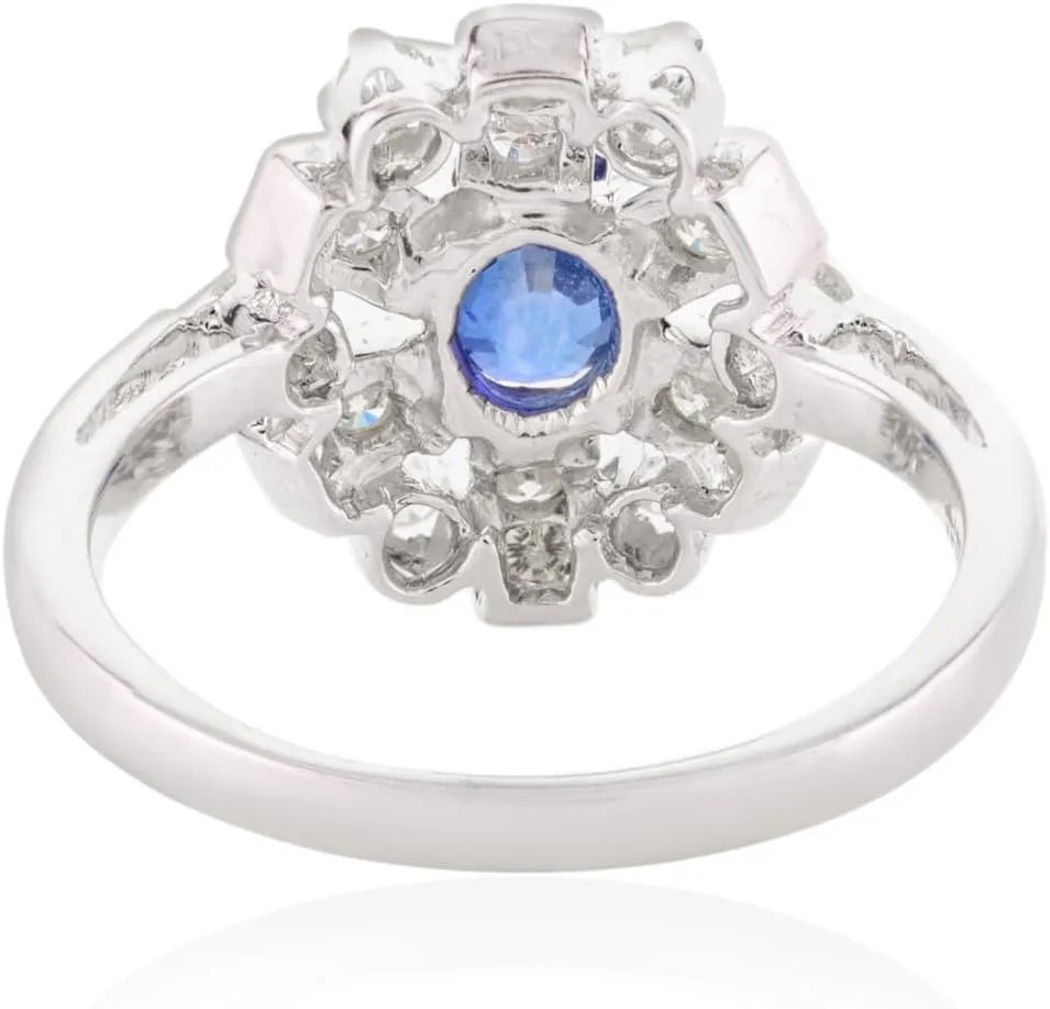 Natural Blue Sapphire With Diamond Statement Ring- 14k Solid White Gold Wedding Engagement Ring For Women- Stackable Ring Gift