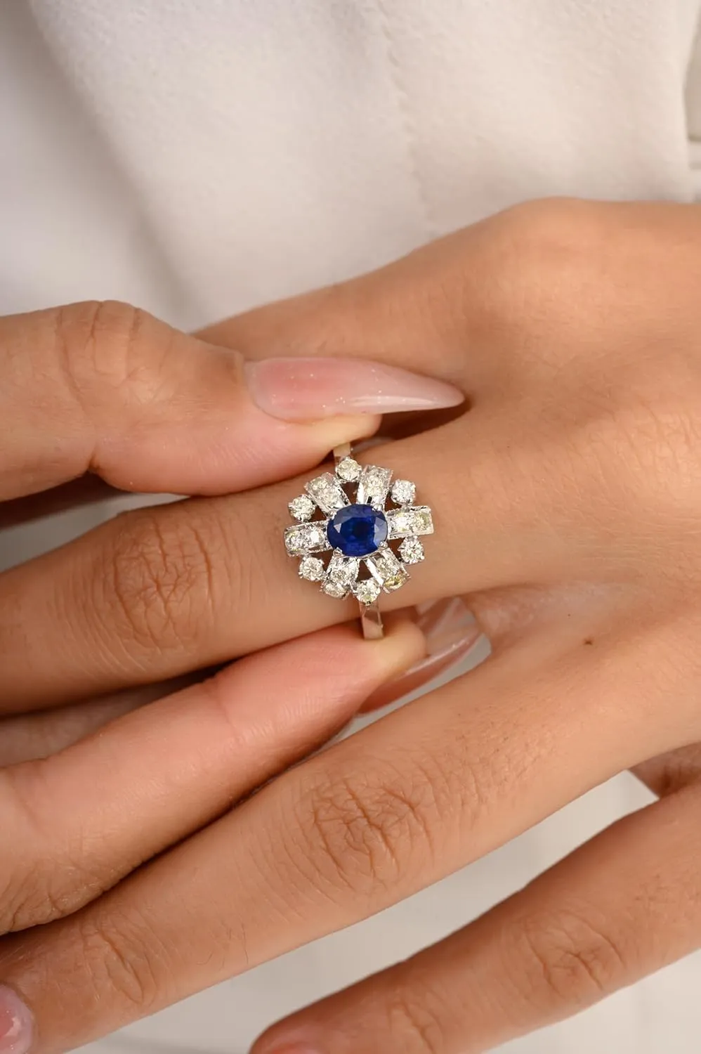Natural Blue Sapphire With Diamond Statement Ring- 14k Solid White Gold Wedding Engagement Ring For Women- Stackable Ring Gift