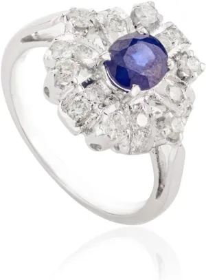 Natural Blue Sapphire With Diamond Statement Ring- 14k Solid White Gold Wedding Engagement Ring For Women- Stackable Ring Gift