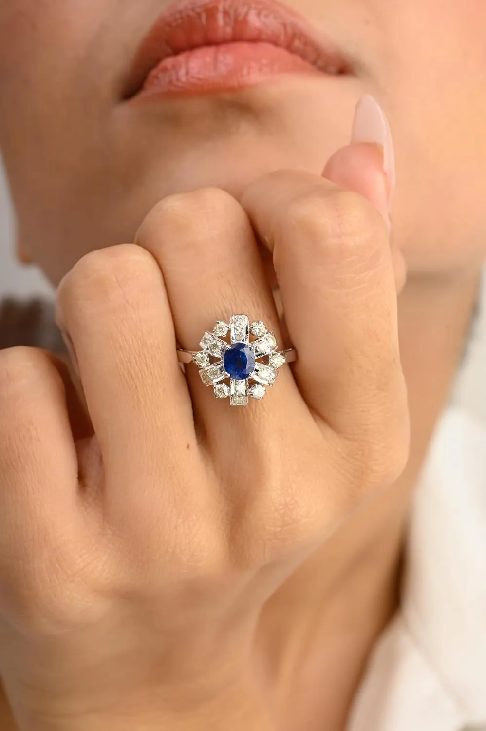 Natural Blue Sapphire With Diamond Statement Ring- 14k Solid White Gold Wedding Engagement Ring For Women- Stackable Ring Gift