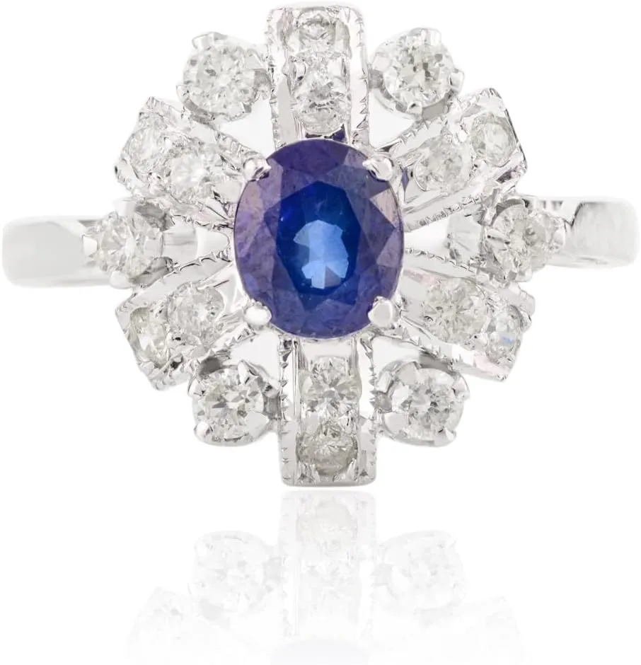 Natural Blue Sapphire With Diamond Statement Ring- 14k Solid White Gold Wedding Engagement Ring For Women- Stackable Ring Gift