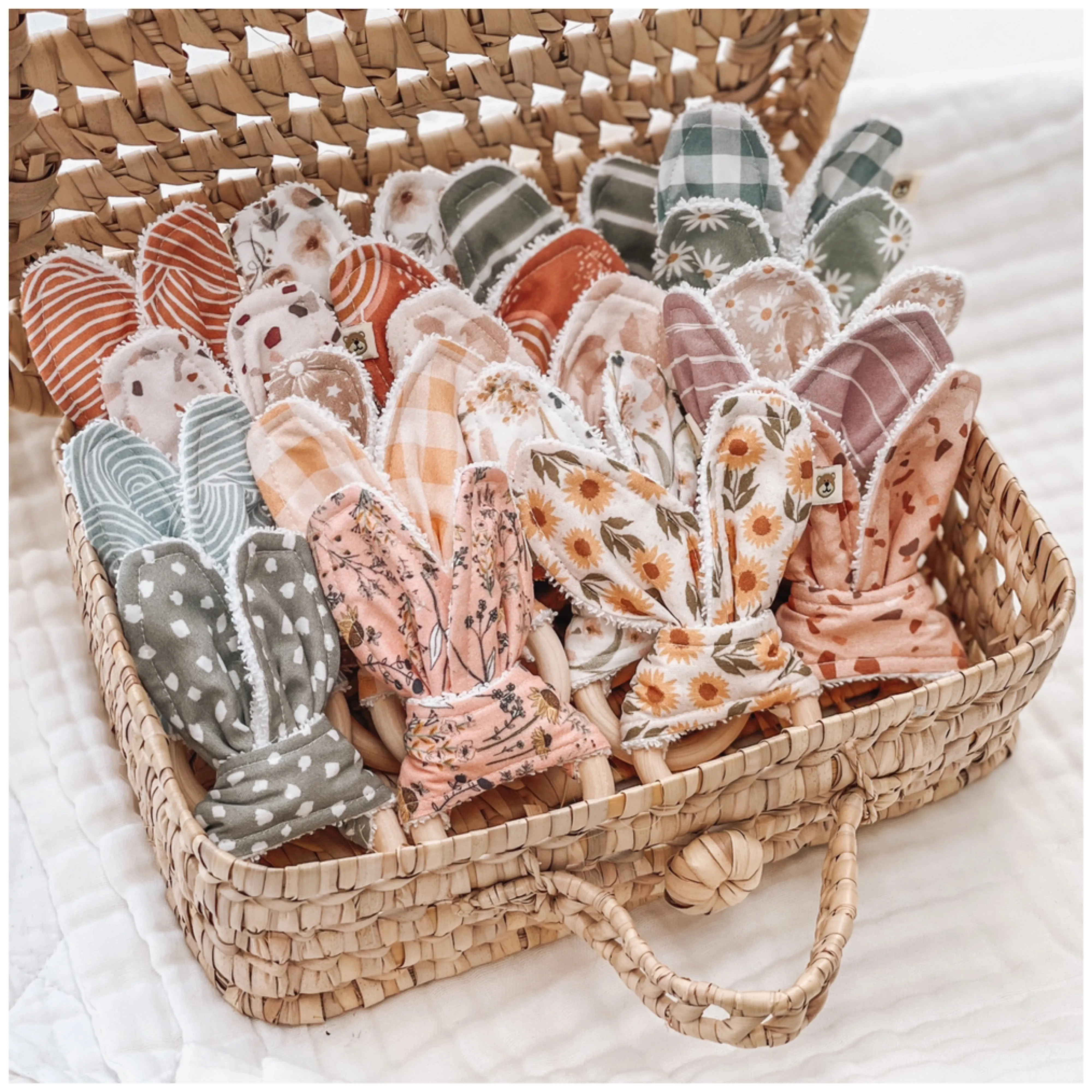 Natural wood & Bunny Ear Teething Ring - Pastel Meadow