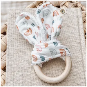 Natural wood & Bunny Ear Teething Ring - Rainbow