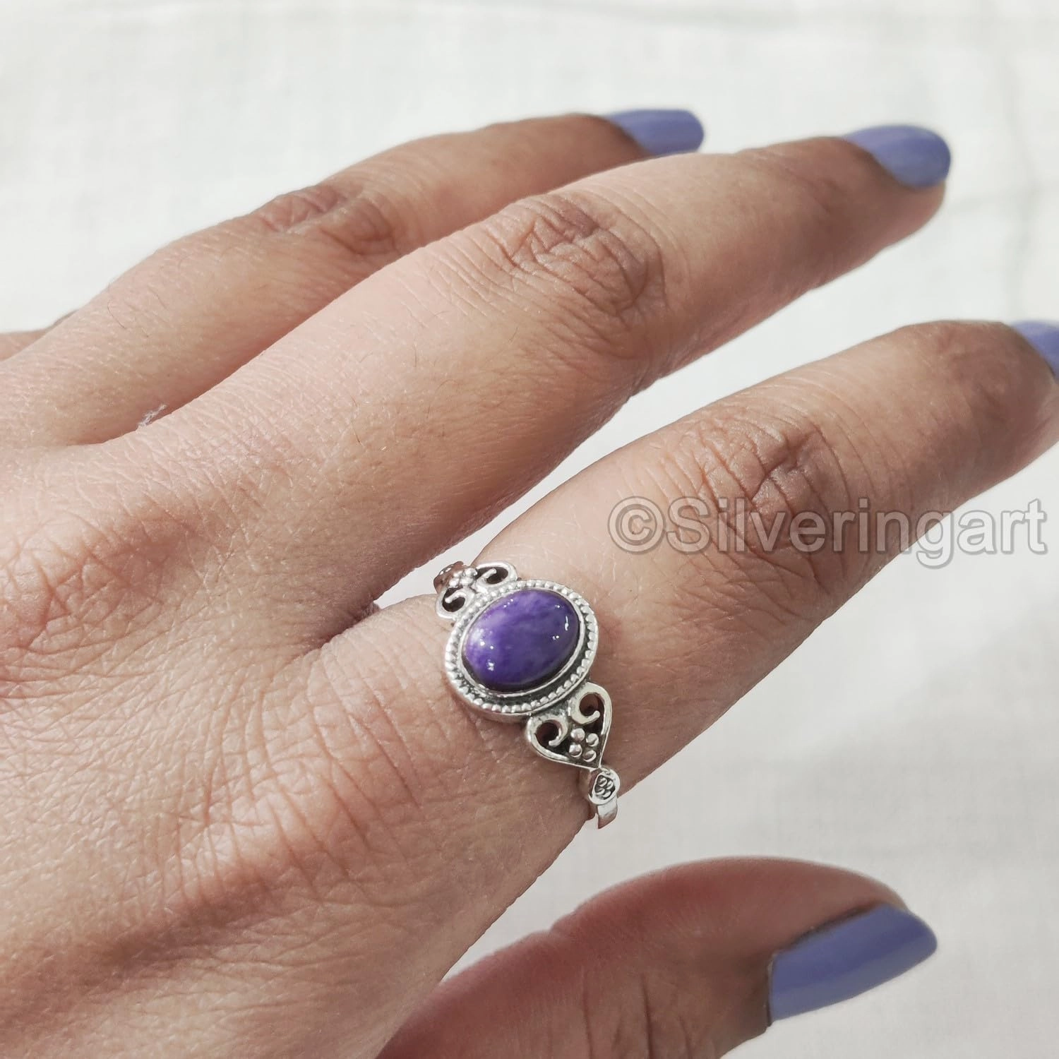 Natural Charoite Ring, AAA Charoite Gemstone Ring, Tiny Bohemian Ring, 925 Sterling Silver, Designer Womens Ring, Christmas, Thanksgiving, Handmade, Statement Jewelry, Natural Charoite (9)