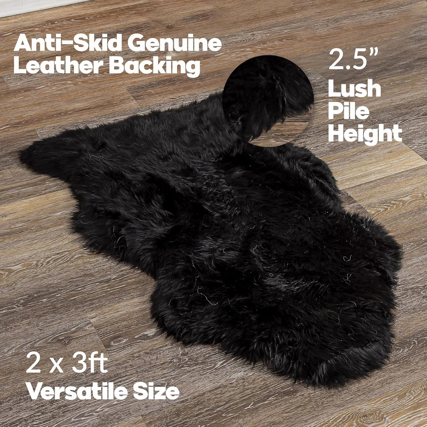 Natural Milan Genuine Sheepskin Area Rugs with Thick and Lush Pile, Fluffy Sheep Fur Rug with Anti-Skid Backing for Bedroom Living Room, Single Pelt, Black 2 ft x 3 ft