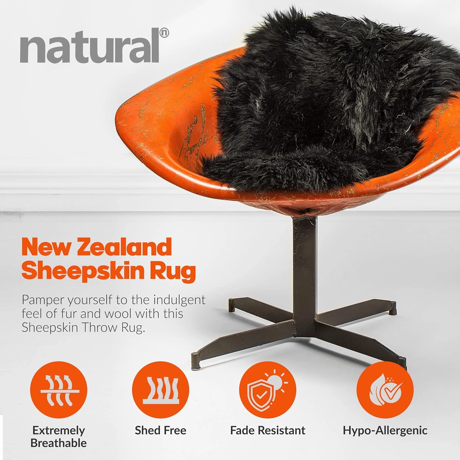Natural Milan Genuine Sheepskin Area Rugs with Thick and Lush Pile, Fluffy Sheep Fur Rug with Anti-Skid Backing for Bedroom Living Room, Single Pelt, Black 2 ft x 3 ft