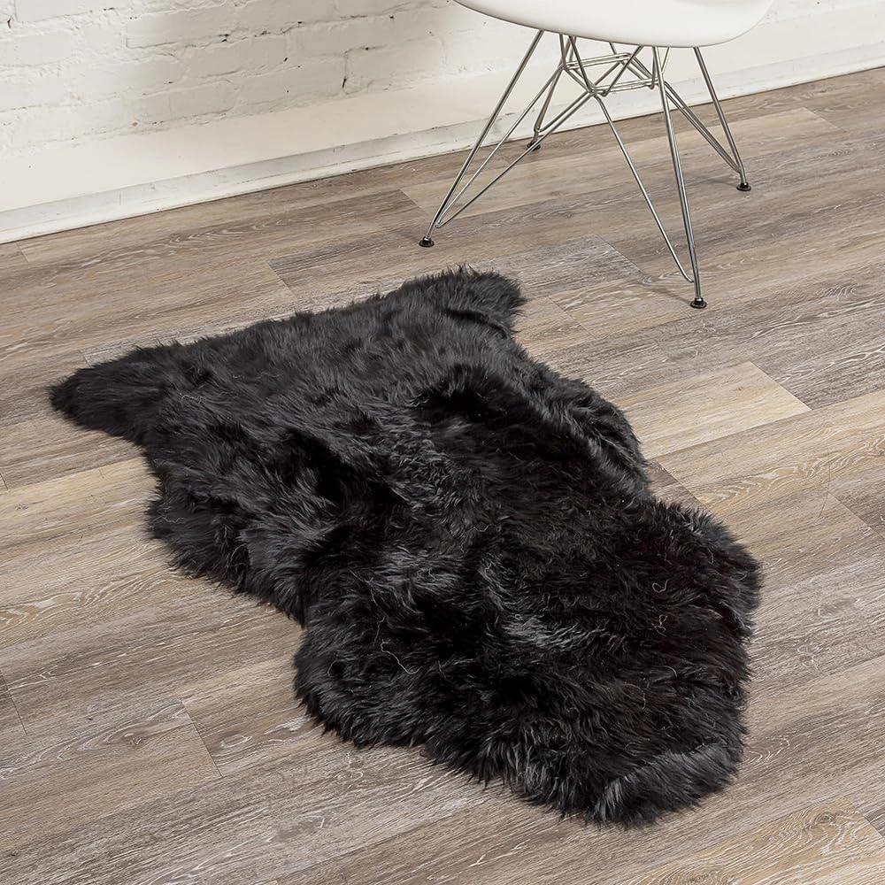 Natural Milan Genuine Sheepskin Area Rugs with Thick and Lush Pile, Fluffy Sheep Fur Rug with Anti-Skid Backing for Bedroom Living Room, Single Pelt, Black 2 ft x 3 ft