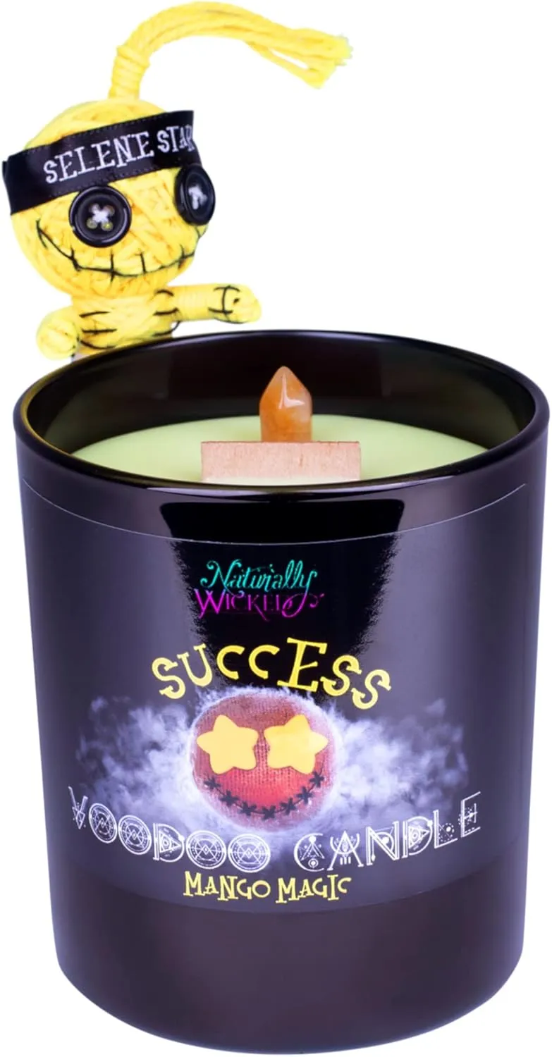 Naturally Wicked Voodoo Success Candle Set - Inc. Voodoo Doll, Crystal, Wood Wick, Mango Magic Scent & Gift Box