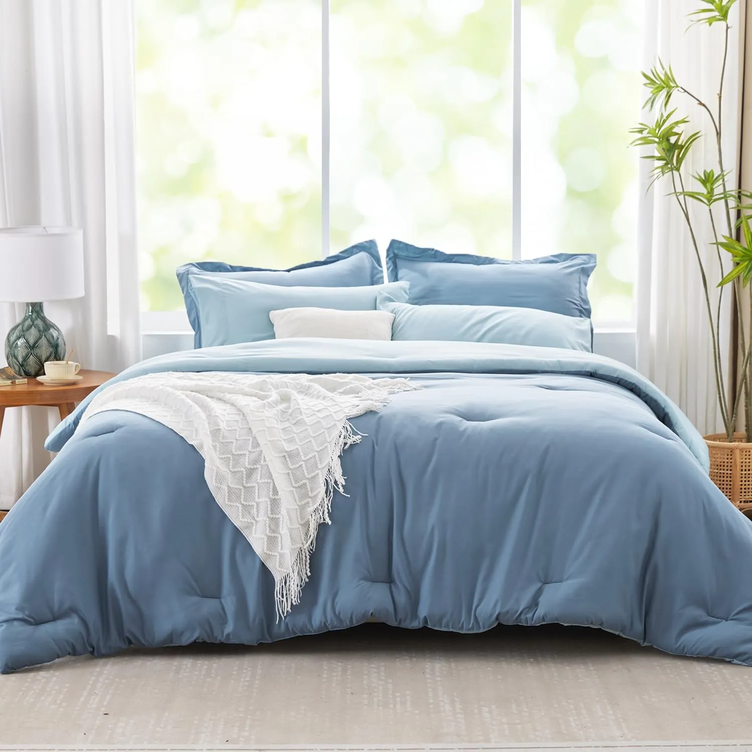 Navy Blue Comforter Set Queen Reversible Bedding Set, 7 Pieces Soft Bed in a Bag Queen with Comforter, Sheets, Pillowcases & Shams, All Seasons Boho Queen Bed Set