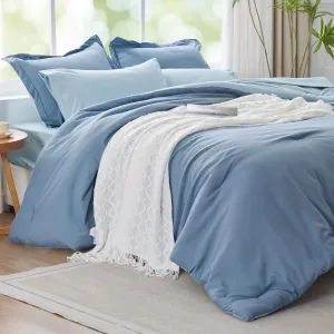 Navy Blue Comforter Set Queen Reversible Bedding Set, 7 Pieces Soft Bed in a Bag Queen with Comforter, Sheets, Pillowcases & Shams, All Seasons Boho Queen Bed Set