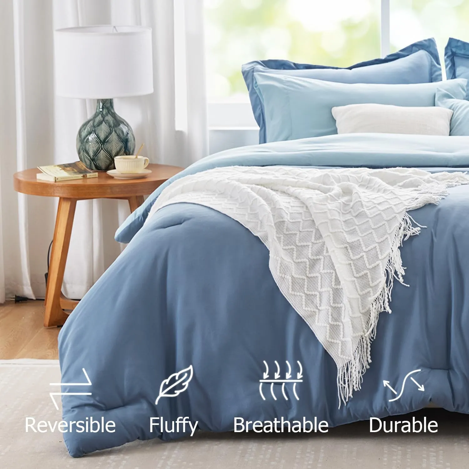 Navy Blue Comforter Set Queen Reversible Bedding Set, 7 Pieces Soft Bed in a Bag Queen with Comforter, Sheets, Pillowcases & Shams, All Seasons Boho Queen Bed Set