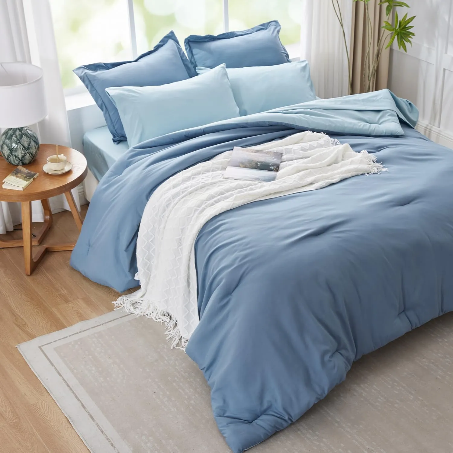 Navy Blue Comforter Set Queen Reversible Bedding Set, 7 Pieces Soft Bed in a Bag Queen with Comforter, Sheets, Pillowcases & Shams, All Seasons Boho Queen Bed Set