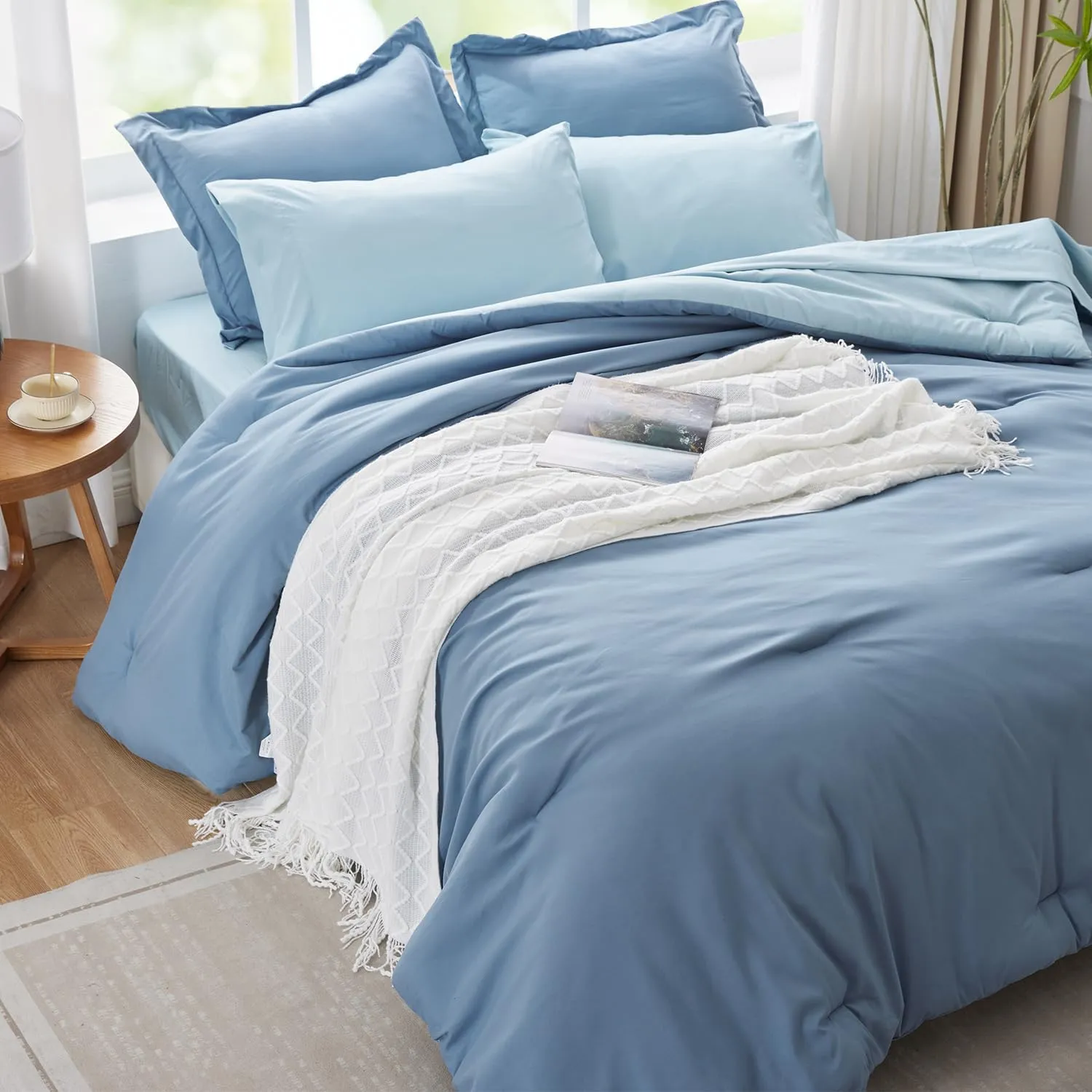 Navy Blue Comforter Set Queen Reversible Bedding Set, 7 Pieces Soft Bed in a Bag Queen with Comforter, Sheets, Pillowcases & Shams, All Seasons Boho Queen Bed Set