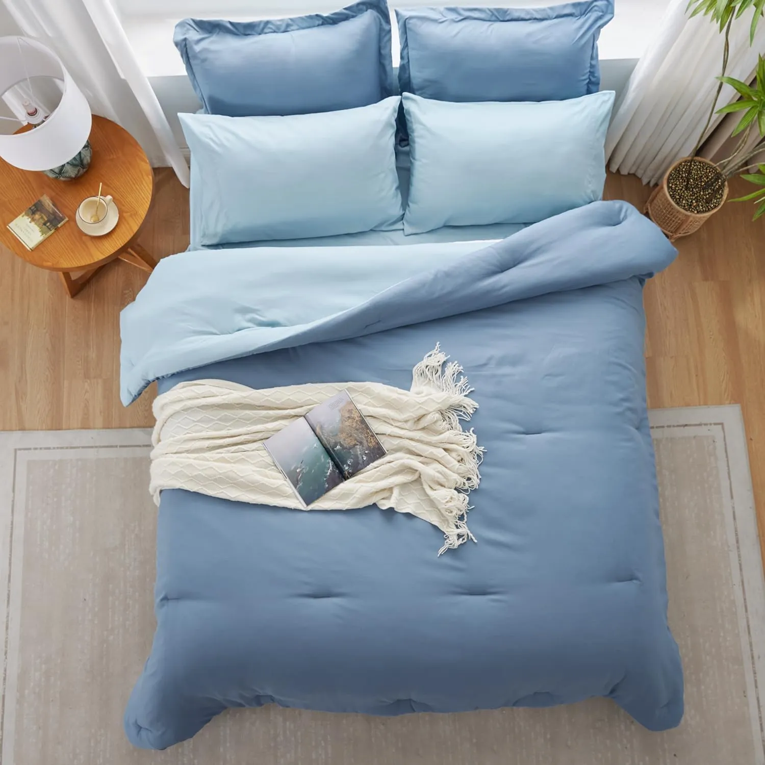 Navy Blue Comforter Set Queen Reversible Bedding Set, 7 Pieces Soft Bed in a Bag Queen with Comforter, Sheets, Pillowcases & Shams, All Seasons Boho Queen Bed Set