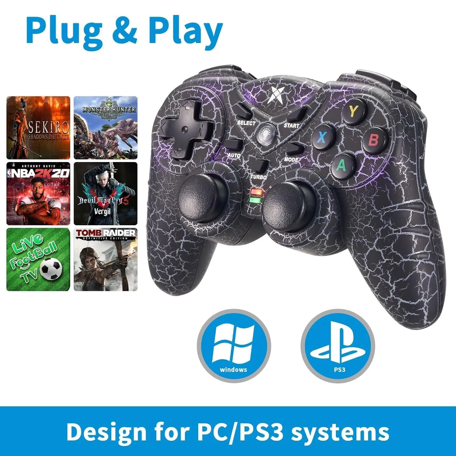 NBCP Pro Wireless PC Controller with RGB Lighting & Turbo - 2.4G Gamepad for Windows 7/10/11/Steam, Dual Vibration, Ergonomic Design, 3-Speed Rapid Fire (Wireless(2.4G))