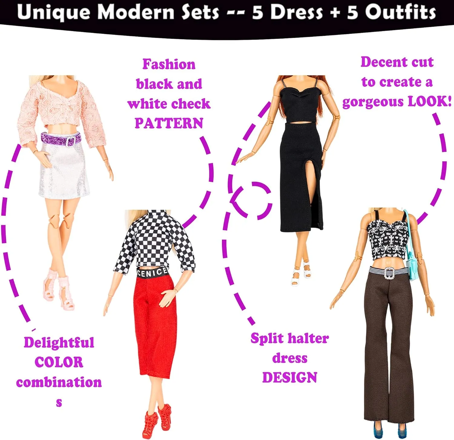 New Modern Doll Clothes and Accessories - 39 Items Gift Set , 10 Sets Modern Series Fashion Outfit Include 5 Dresses, 5 Top 5 Pants and 3 Swimsuit, 22 Accessories