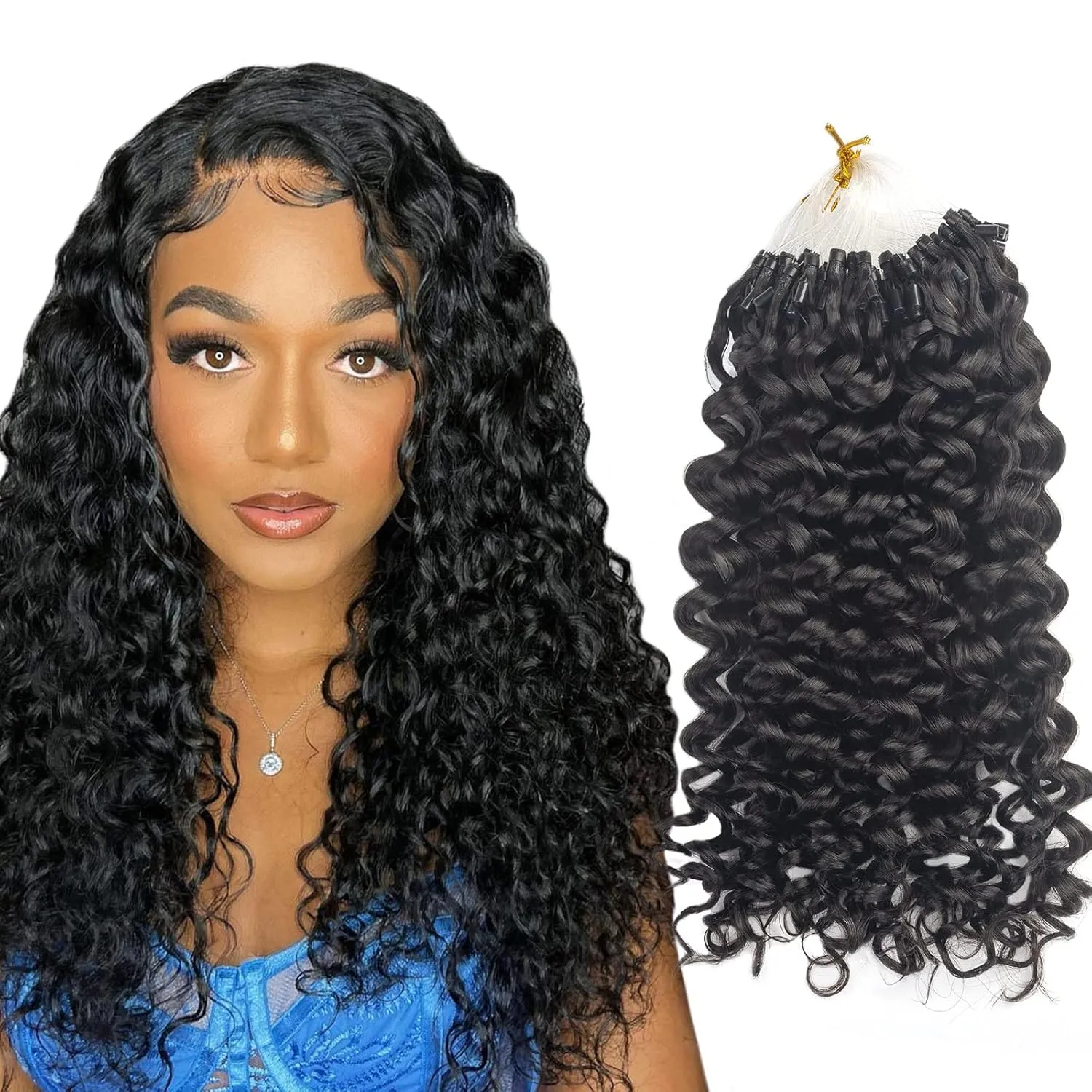 Niawigs 3B 3C Curly Micro Links Human Hair For Black Women 100% Brazilian Human Hair Curly Micro Link Extensions Hair 100 Strands 100 Grams Per Pack (Natural Black, 22inches)