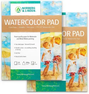 Norberg & Linden 64 Sheets Mixed Media Painting Watercolor Paper - 9" x 12" Paint Paper Sheets - Double-Sided - Ideal Texture for Painting, Coloring, Sketching - Cold Pressed, 300g - 2 Pad Count