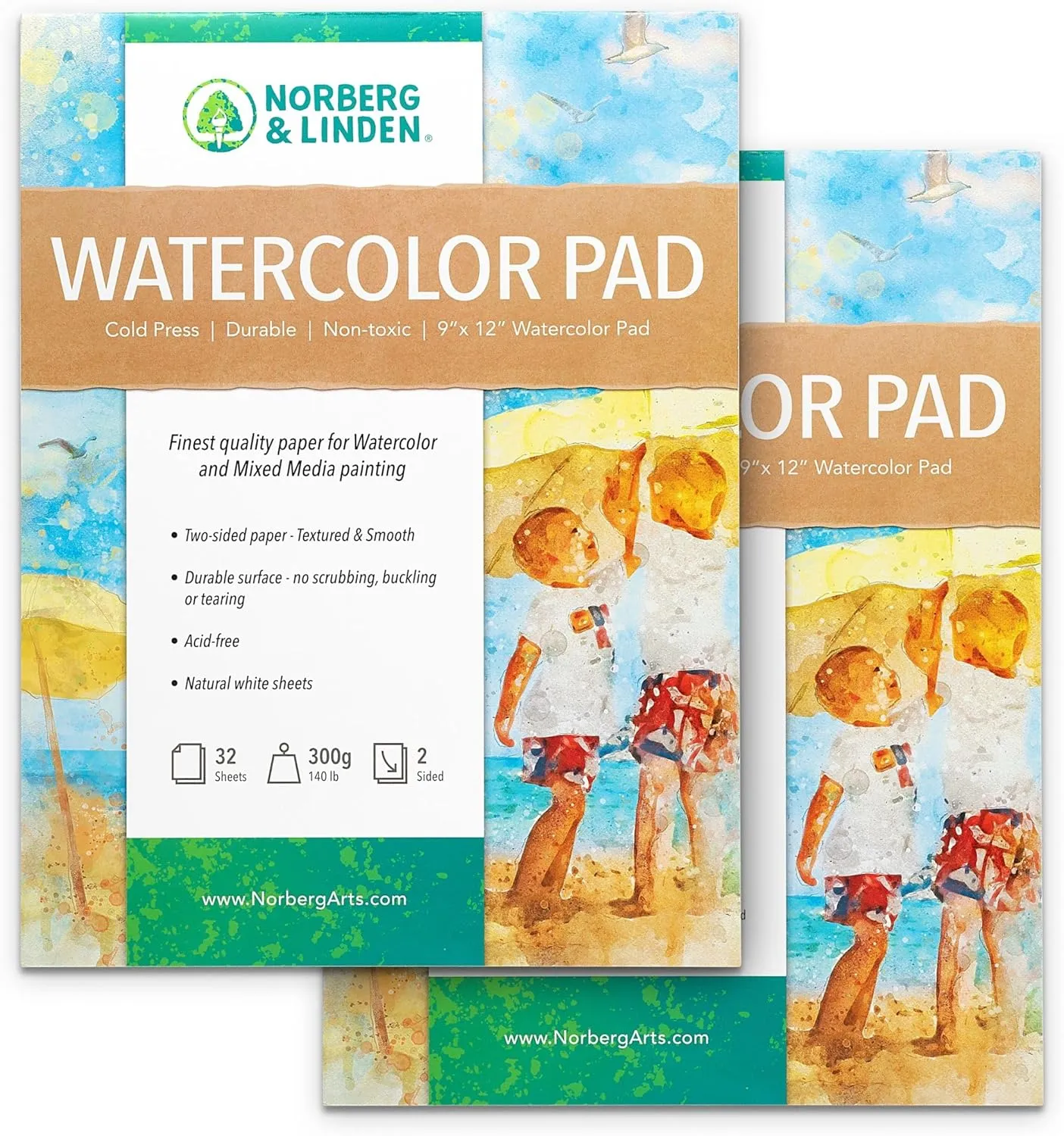 Norberg & Linden 64 Sheets Mixed Media Painting Watercolor Paper - 9" x 12" Paint Paper Sheets - Double-Sided - Ideal Texture for Painting, Coloring, Sketching - Cold Pressed, 300g - 2 Pad Count