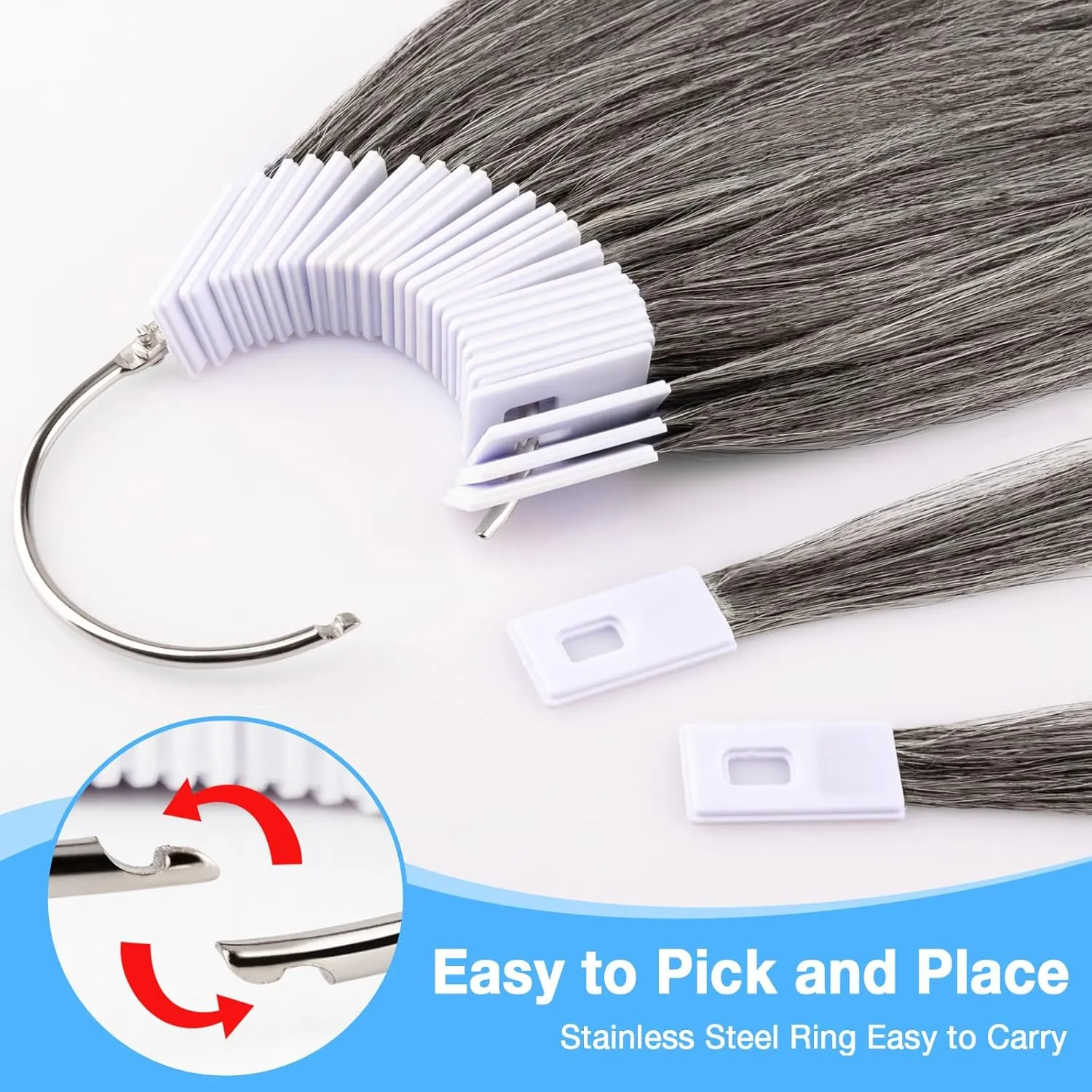Noverlife 30PCS Grey Human Hair Swatches - Natural Coloring Samples for Salon Testing - Real Human Hair Color Rings with Level Chart
