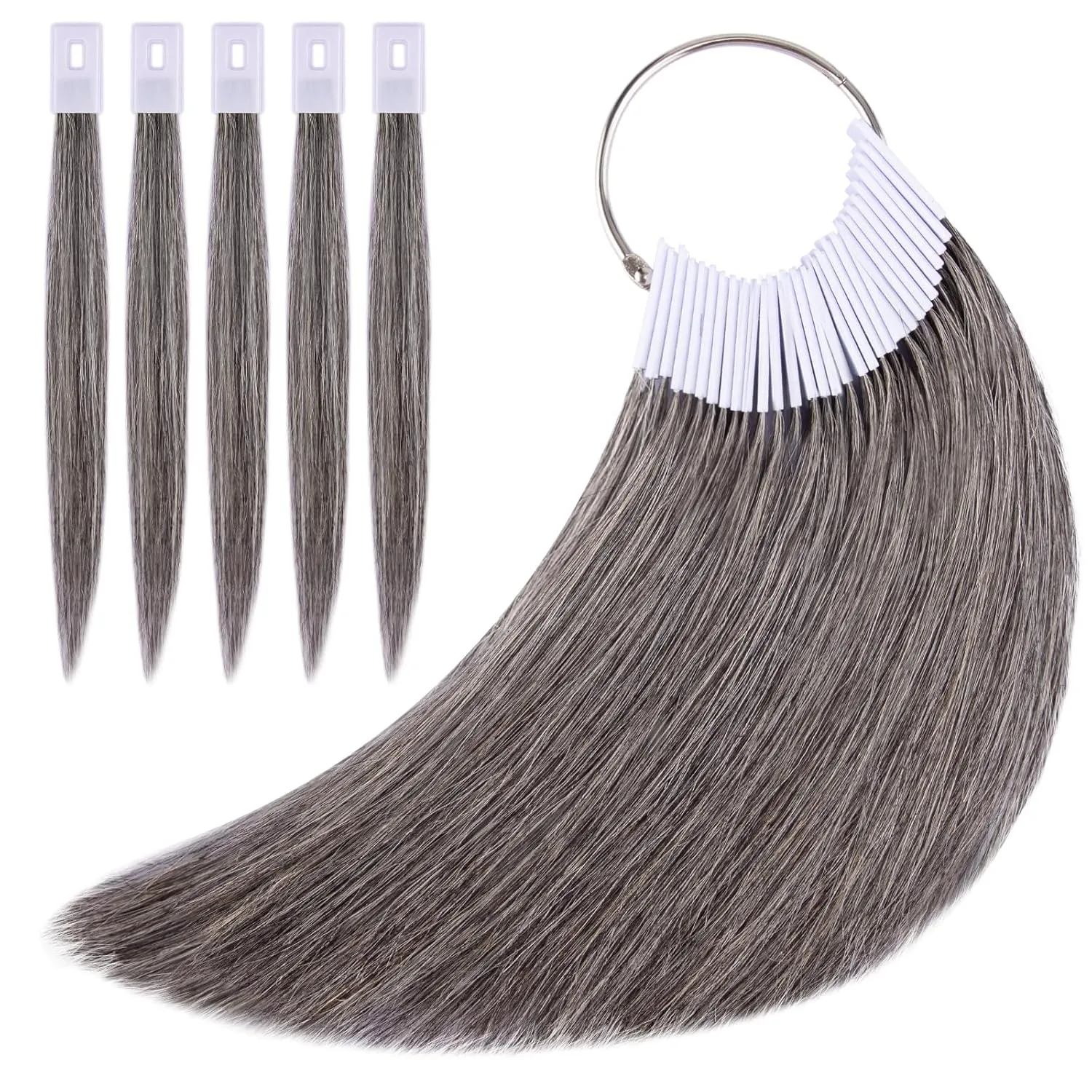 Noverlife 30PCS Grey Human Hair Swatches - Natural Coloring Samples for Salon Testing - Real Human Hair Color Rings with Level Chart