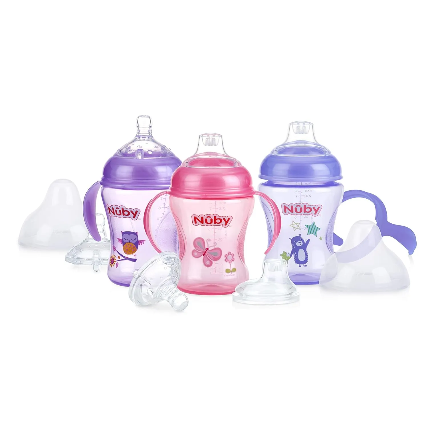 Nuby 3 Piece Natural Touch 3 Stage Wide Neck Breast Size Bottle-to-Cup, Girl