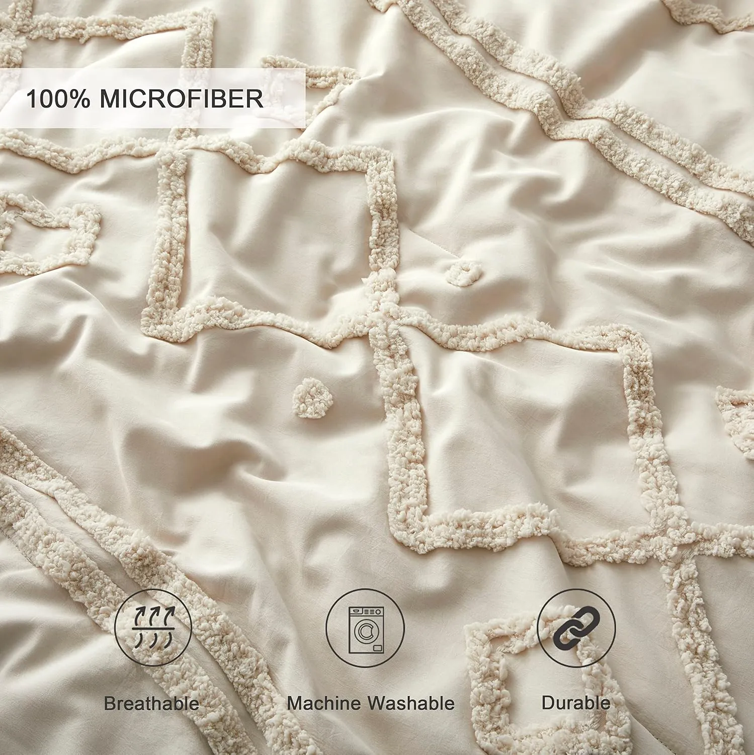Oli Anderson Cream King Comforter Set Tufted Bedding Set King 3 Pieces, Boho Shabby Chic Comforter with 2 Pillowcases (Cream,King)