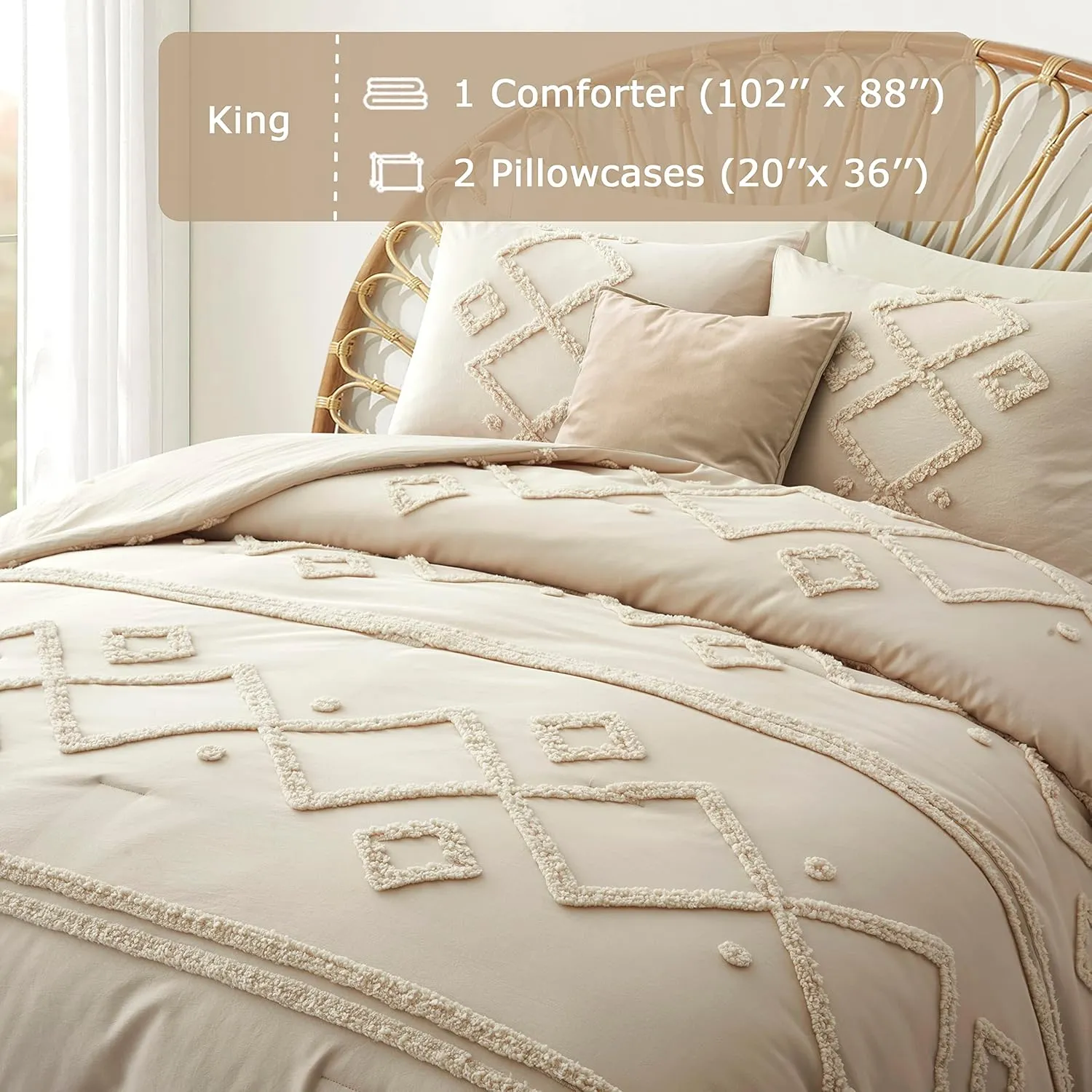 Oli Anderson Cream King Comforter Set Tufted Bedding Set King 3 Pieces, Boho Shabby Chic Comforter with 2 Pillowcases (Cream,King)
